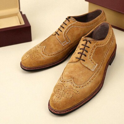 Crafted leather brown suede leather wingtip oxford lace up dress shoes - Thumbnail 1