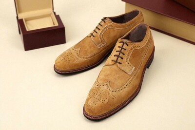 Crafted Leather Brown Suede Leather Wingtip Oxford Lace up Dress Shoes