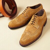 Crafted Leather Brown Suede Leather Wingtip Oxford Lace up Dress Shoes - Thumbnail 2