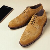 Crafted Leather Brown Suede Leather Wingtip Oxford Lace up Dress Shoes - Thumbnail 3