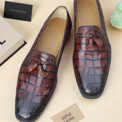 Crafted leather brown crocodile/alligator leather tassel loafers dress shoes - Thumbnail 2