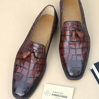 Crafted Leather Brown Crocodile/Alligator Leather Tassel Loafers Dress Shoes - Thumbnail 1