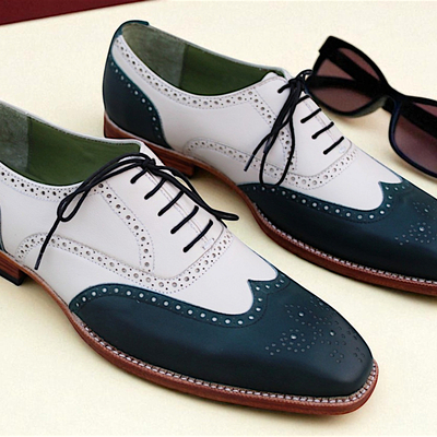 Crafted leather green white leather wingtip lace up oxford dress shoes - Thumbnail 1