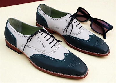 Crafted Leather Green White Leather Wingtip Lace up Oxford Dress Shoes