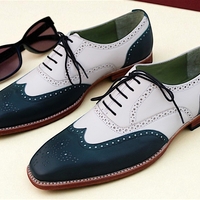 Crafted Leather Green White Leather Wingtip Lace up Oxford Dress Shoes - Thumbnail 1