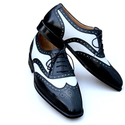 Crafted leather black white leather wingtip lace up oxford dress shoes - Thumbnail 2