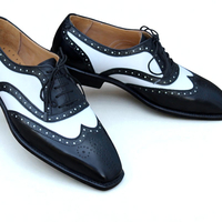 Crafted Leather Black White Leather Wingtip Lace up Oxford Dress Shoes - Thumbnail 1