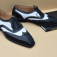 Crafted Leather Black White Leather Wingtip Lace up Oxford Dress Shoes - Thumbnail 5