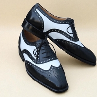 Crafted Leather Black White Leather Wingtip Lace up Oxford Dress Shoes - Thumbnail 4