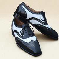 Crafted Leather Black White Leather Wingtip Lace up Oxford Dress Shoes - Thumbnail 7