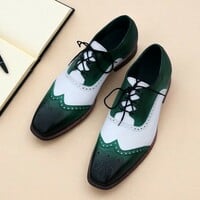 Crafted Leather Green White Leather Oxford Dress Shoes - Thumbnail 2