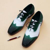 Crafted Leather Green White Leather Oxford Dress Shoes - Thumbnail 4
