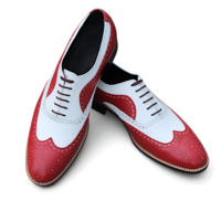 Crafted Leather Red White Leather Wingtip Lace up Oxford Dress Shoes - Thumbnail 1