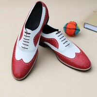 Crafted Leather Red White Leather Wingtip Lace up Oxford Dress Shoes - Thumbnail 3