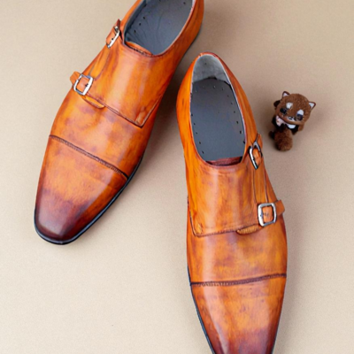 Crafted leather brown leather monk strap dress shoes - Thumbnail 2