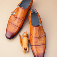 Crafted Leather Brown Leather Monk Strap Dress Shoes - Thumbnail 2