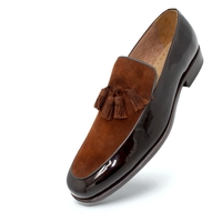 Crafted Leather Brown Suede Patent Leather Tassel Loafers Dress Shoes - Thumbnail 1