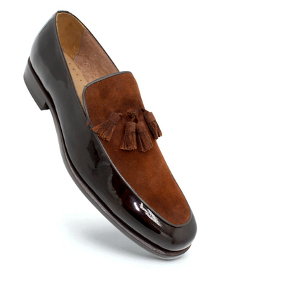 Crafted leather brown suede patent leather tassel loafers dress shoes - Thumbnail 2