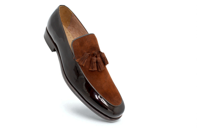 Crafted Leather Brown Suede Patent Leather Tassel Loafers Dress Shoes