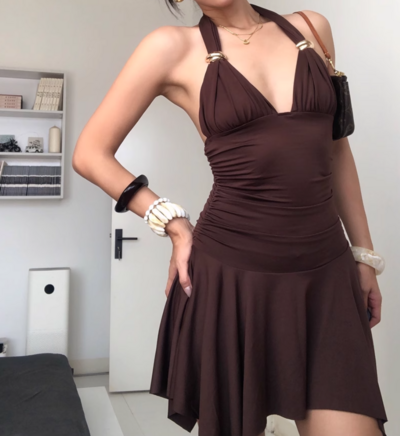 Sexy halterneck sleeveless solid color miniskirt dress