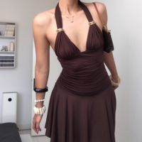 Sexy halterneck sleeveless solid color miniskirt dress - Thumbnail 2