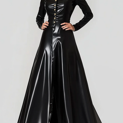 Spring maxi dresses for women high neck black pu leather dress women long sleeve 