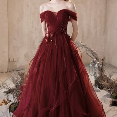 Burgundy tulle sequins long prom party dress - Thumbnail 1