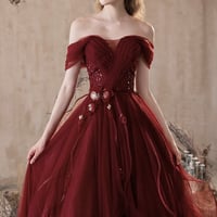 Burgundy Tulle Sequins Long Prom Party Dress - Thumbnail 2