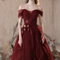 Burgundy Tulle Sequins Long Prom Party Dress - Thumbnail 3