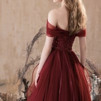 Burgundy Tulle Sequins Long Prom Party Dress - Thumbnail 4