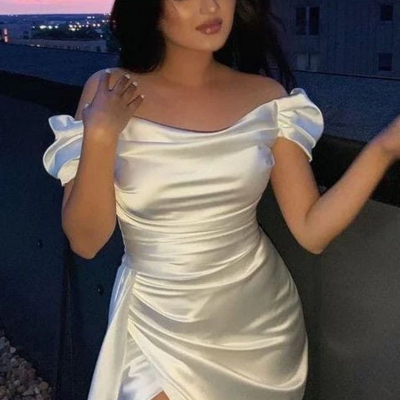 Elegant off shoulder sheath satin long prom dresses