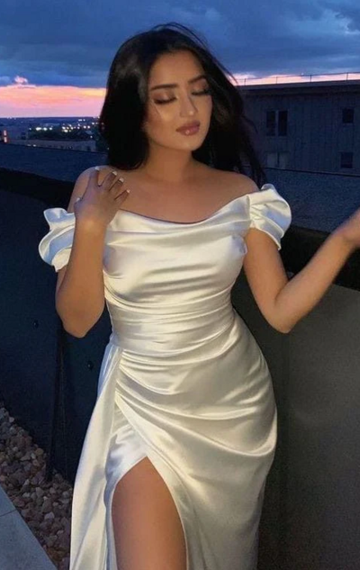 Elegant Off Shoulder Sheath Satin Long Prom Dresses