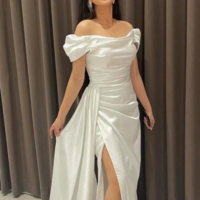 Elegant Off Shoulder Sheath Satin Long Prom Dresses - Thumbnail 1