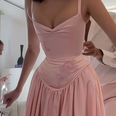 Spaghetti straps retro pink a-line long prom dresses