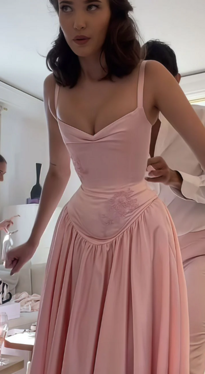 Spaghetti Straps Retro Pink A-Line Long Prom Dresses