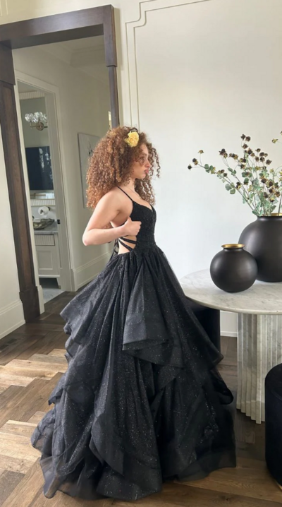 Shiny A-Line Black Straps Long Backless Prom Dresses