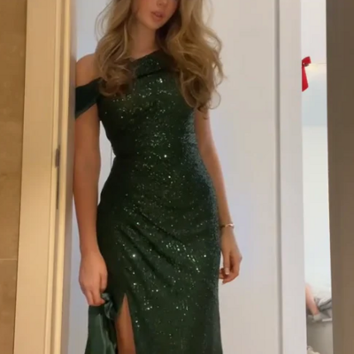 Off shoulder green sequins sheath long formal prom dress with split