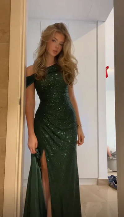 Off Shoulder Green Sequins Sheath Long Formal Prom Dress with Split