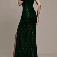 Off Shoulder Green Sequins Sheath Long Formal Prom Dress with Split - Thumbnail 1