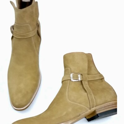 Crafted leather new mens beige suede leather jodhpur buckle strap boot