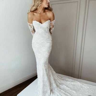 Elegant wedding dress, mermaid lace appliques bridal dress bridal gown