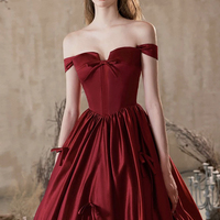 Burgundy Satin Off the Shoulder Long Prom Party Dress - Thumbnail 1