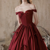 Burgundy Satin Off the Shoulder Long Prom Party Dress - Thumbnail 2