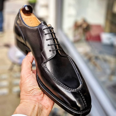 Men's handmade black leather oxford shoes luxury apron toe lace-up dress shoes