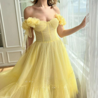 Yellow Elegant French Cocktail Evening Gown for Women - Thumbnail 1
