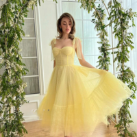 Yellow Elegant French Cocktail Evening Gown for Women - Thumbnail 3