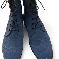 Crafted Leather New Mens Blue Suede Leather Ankle High Wingtip Dress Boot - Thumbnail 3