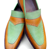 Crafted Leather Green Brown Leather Moccasin Loafers Dress Shoes - Thumbnail 1
