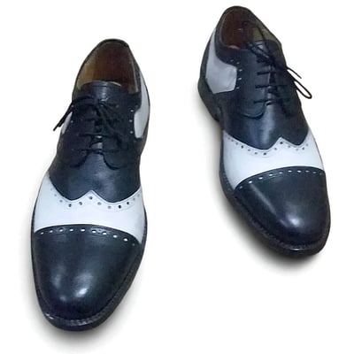 Crafted leather men black white leather wingtip lace up oxford dress shoes - Thumbnail 1