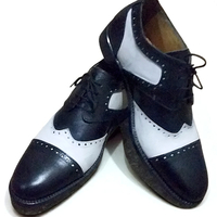 Crafted Leather Men Black White Leather Wingtip Lace up Oxford Dress Shoes - Thumbnail 2